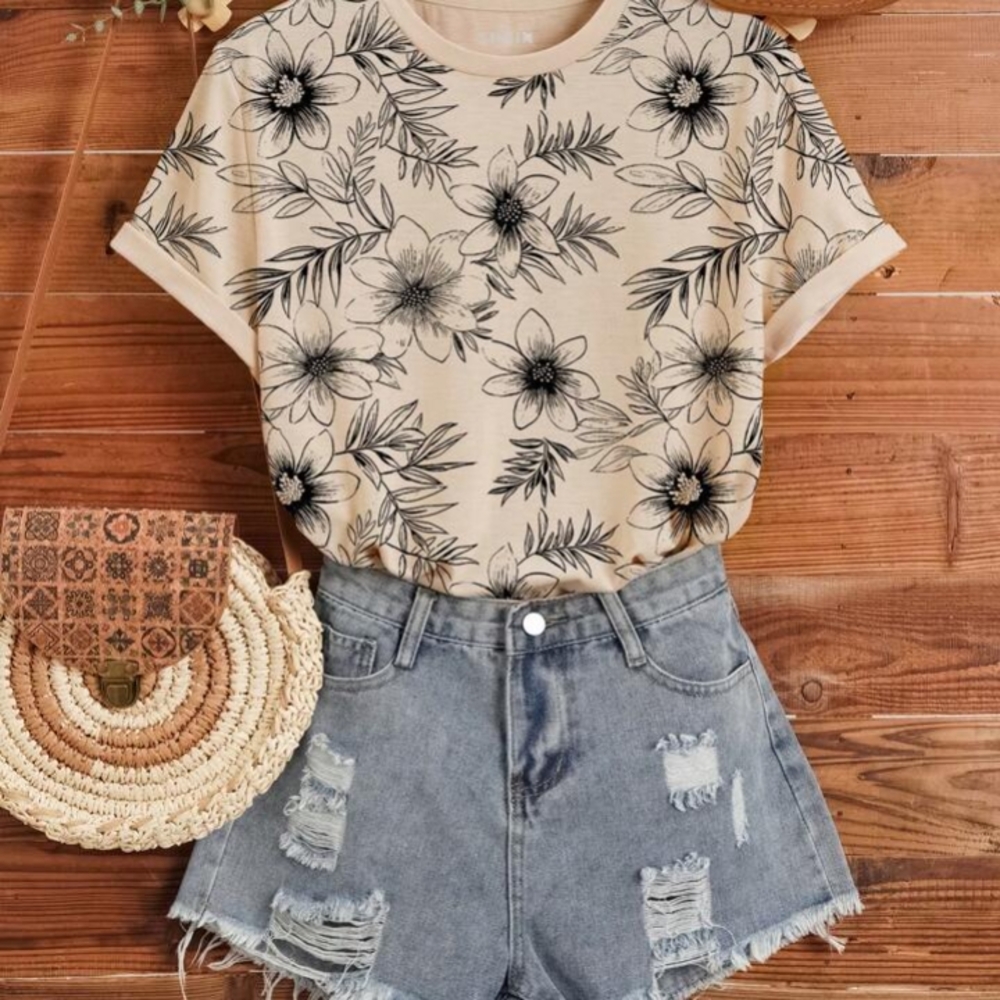 Floral Print Cream Top Sz L